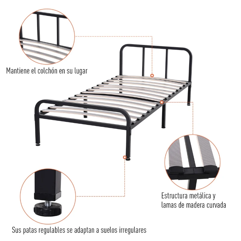 HOMCOM Somier de Láminas Individual Estructura Metálica Estable 6 Patas Carga 150kg 190x90cm Altura de Pata 25cm