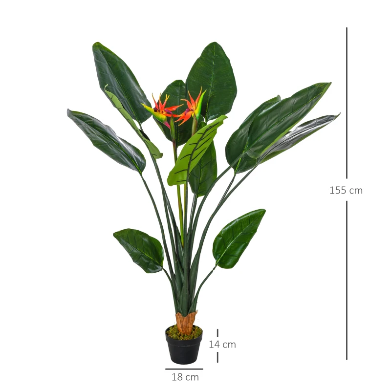 Outsunny Planta Artificial Ave del Paraíso con Maceta Strelitzia Reginae Sintética con 13 Hojas y 2 Flores para Hogar Oficina Ø18x155 cm Verde y Rojo
