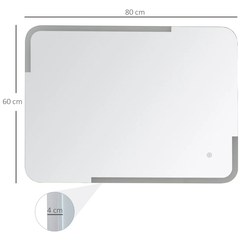 kleankin Espejo de Baño con Iluminación LED de Bajo Consumo Espejo de Pared con Botón Sensible al Tacto Impermeable 80x60x4 cm Plata