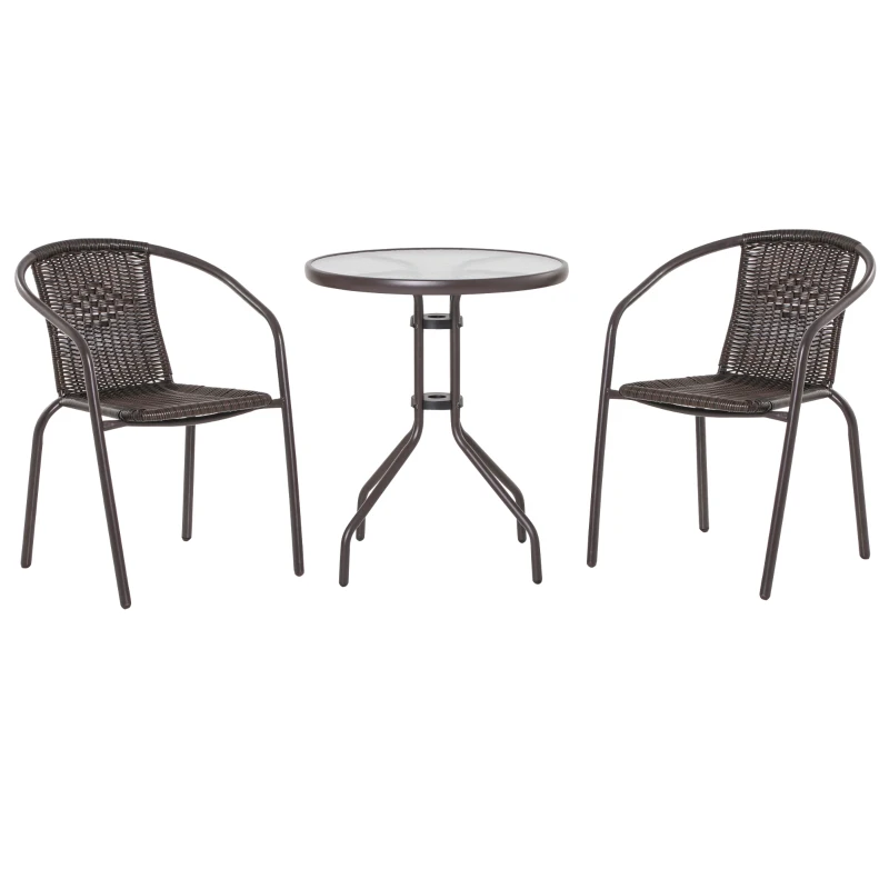 Outsunny Conjunto de Muebles de Jardín Ratán Set de 2 Sillas 58x54x73 cm y 1 Mesa Redonda de Vidrio Templado Ø60x70 cm Marco de Acero para Patio Terraza Balcón Marrón