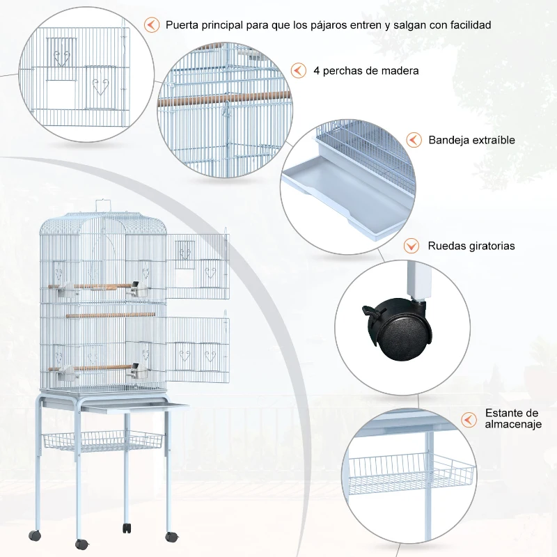 PawHut Jaula de Pájaros con 2 Puerta Jaulas para Aves con 4 Ruedas Universales Jaulas para Canarios Loros 47,5x37x153 cm Blanco