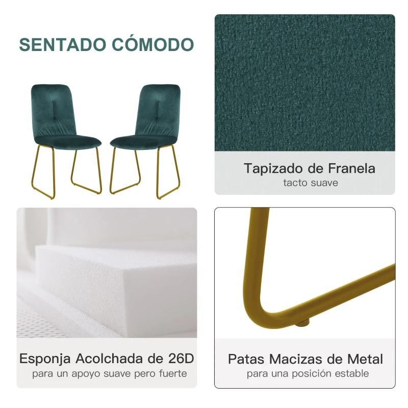 HOMCOM Juego de 2 Sillas de Comedor de Estilo Nórdico con Patas de Metal 44,5x59,5x91 Verde