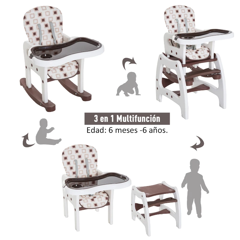 HOMCOM Trona para Bebé Multifuncional Convertible en Silla Mecedora y Silla+Mesa con Cinturón de Seguridad (Café)