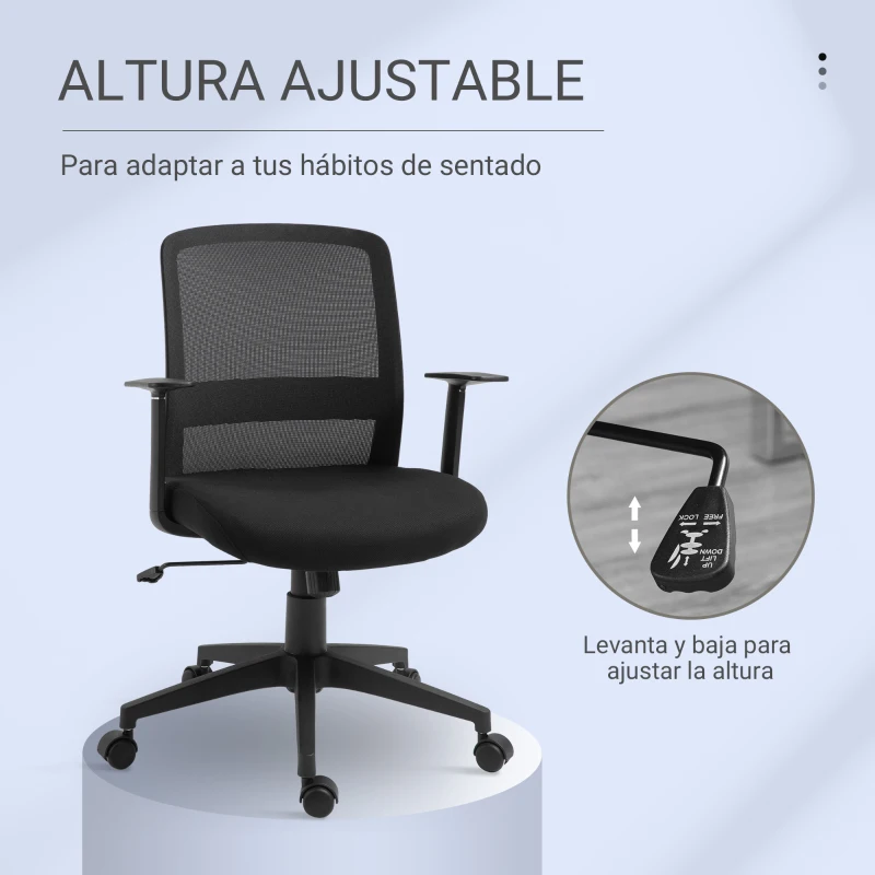 Vinsetto Silla de Oficina Ligera Silla de Juvenil con Altura Ajustable Reposabrazos Soporte Lumbar Respaldo Transpirable y Función Basculante 58x60x89-99 cm Negro
