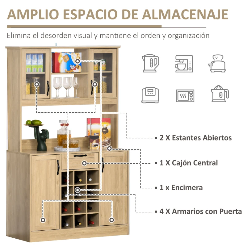 HOMCOM Alacena de Cocina Aparador Comedor para Microondas con Botellero Cajón 2 Estantes Abiertos y 4 Armarios con Puerta 106x48x180 cm Roble