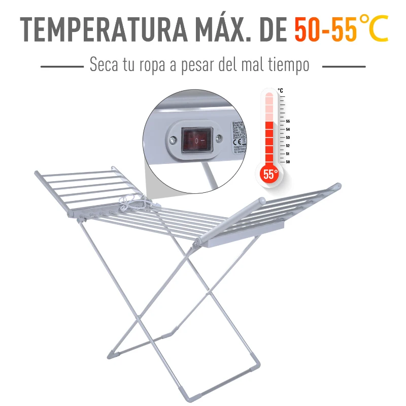 HOMCOM Tendedero Eléctrico Plegable con Alas Secador de Ropa Tendedero de Pie 8 Barras Base en Forma X Extensible 149x54x92cm Aluminio