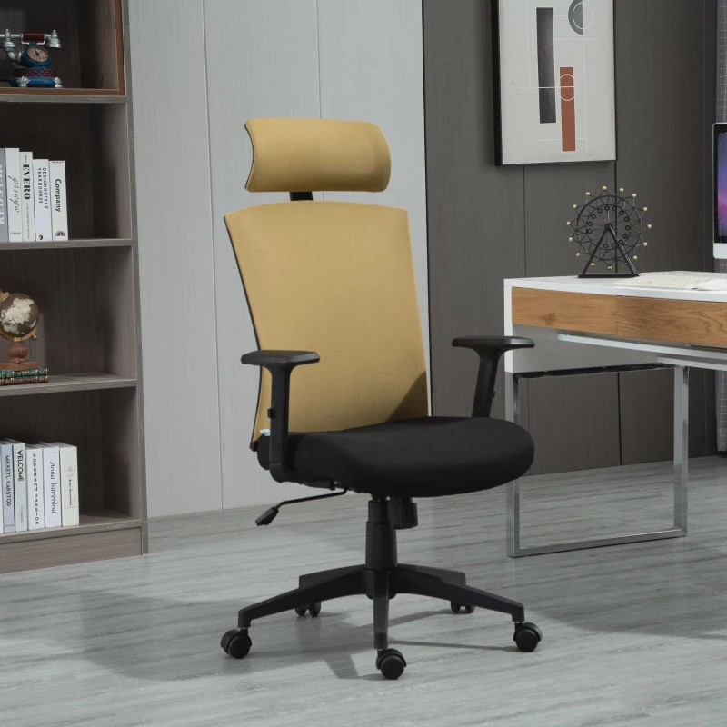 Vinsetto Silla de Oficina Ergonómica Silla de Escritorio Giratoria con Reposacabezas y Reposabrazos Ajustables Soporte Lumbar Respaldo Transpirable 65x63x119-129 cm Dorado y Negro