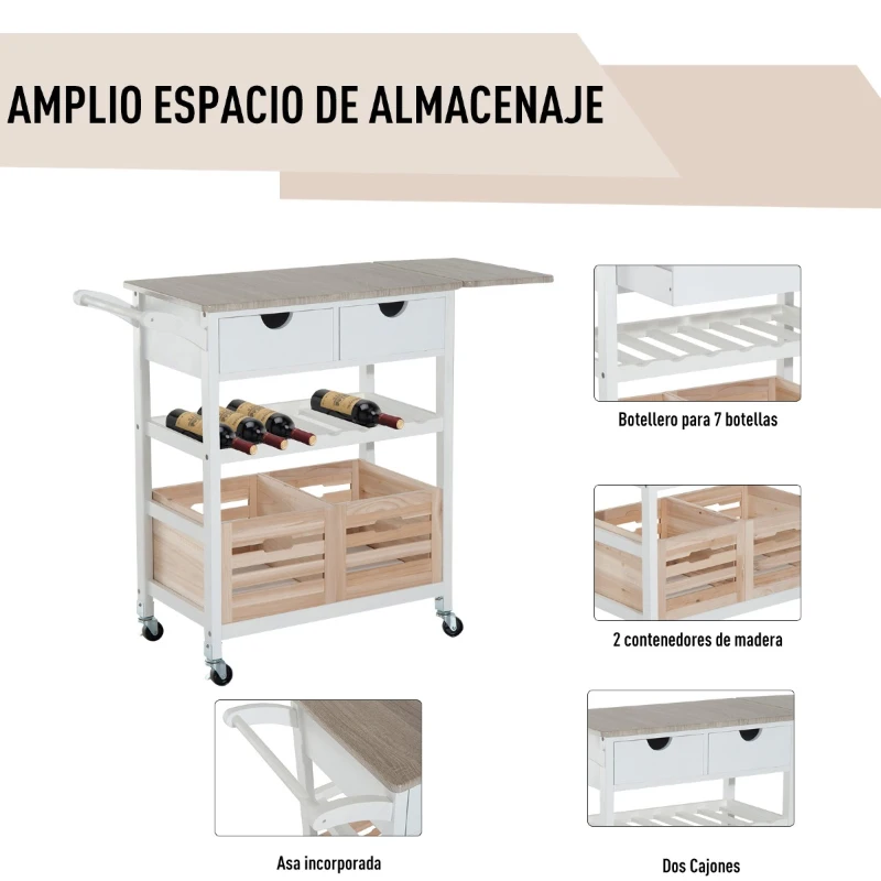 HOMCOM Carro de Cocina Carrito de Servir Carrito Auxiliar con Botellero con Tablero Extensible Botellero Cestas Extraíble 70x40x86cm Madera
