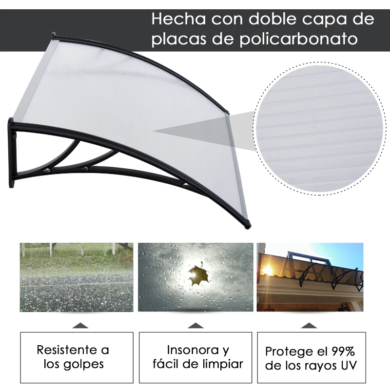 Outsunny Marquesina Techo Canopy para Puertas Ventanas Toldo Dosel Terrazas Placa de Policarbonato 5 mm Transparente Protección contra Sol y Lluvia 120cm
