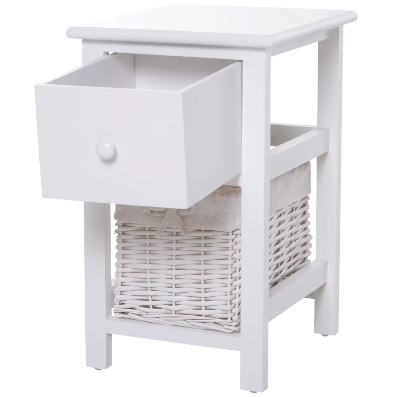 HomCom® Mesita de Noche Madera con 1 Cajón 1 Cesta 28x31x45cm Blanco