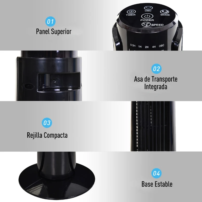 Ventilador Torre con Mando a Distancia y 3 Ajustes de Velocidad Temporizador hasta 7,5h Oscilante en 70° Potencia 50W Ф27x92cm Negro