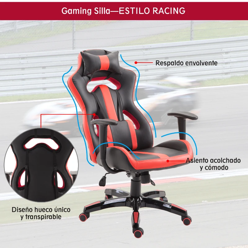 HOMCOM Silla Gaming Profesional Silla de Juego Oficina Ergonómica Estilo Deportivo Giratorio Reposacabezas y Cojín Lumbar Reclinable Altura Ajustable Cuero Sintético PU