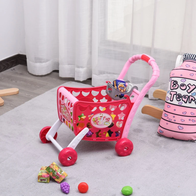 HOMCOM Set de Carrito de Compras para Niños Mayores de 3 Años Juguete Infantil 38 Piezas Funciones de Música y Luz 41,5x33,5x48,5 cm Rosa