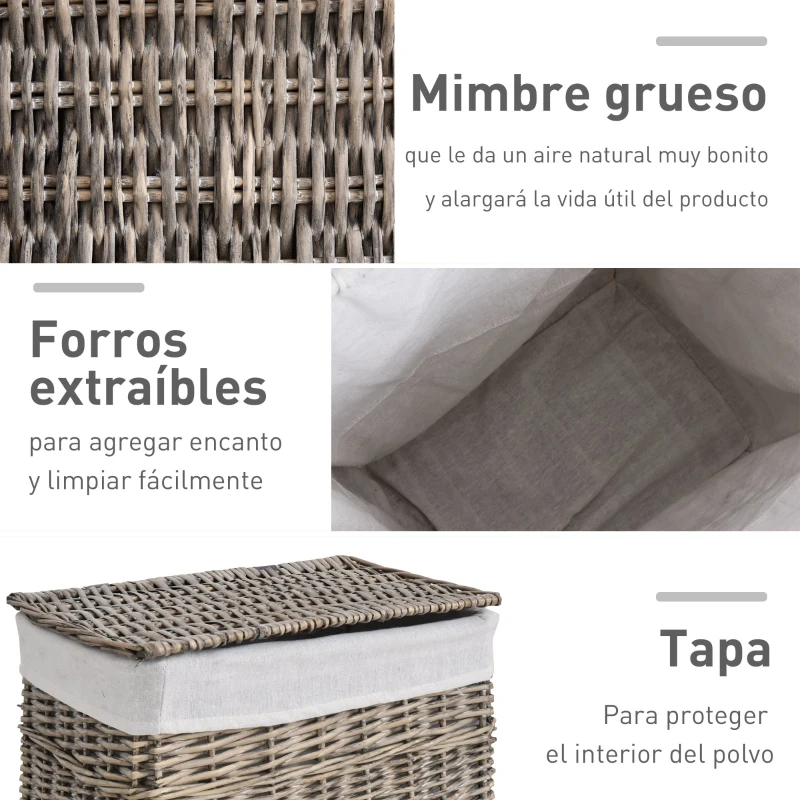 HOMCOM Set de 3 Cesto para Ropa Sucia Mimbre Canastas de Almacenamiento con Tapas y Forros Extraíbles Grueso Gris