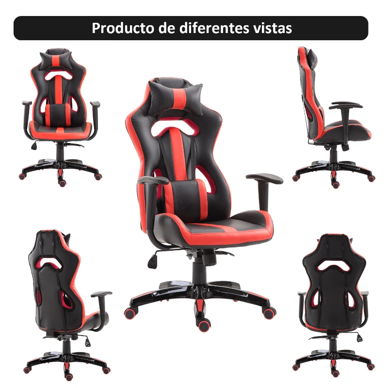 HOMCOM Silla Gaming Profesional Silla de Juego Oficina Ergonómica Estilo Deportivo Giratorio Reposacabezas y Cojín Lumbar Reclinable Altura Ajustable Cuero Sintético PU