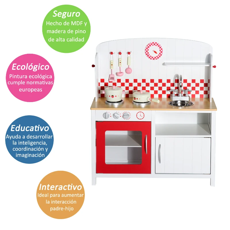 HOMCOM Cocina de Juguete Grande de Madera tipo Juego de Imitación con Accesorios para Niños +3 Años 70x30x88cm