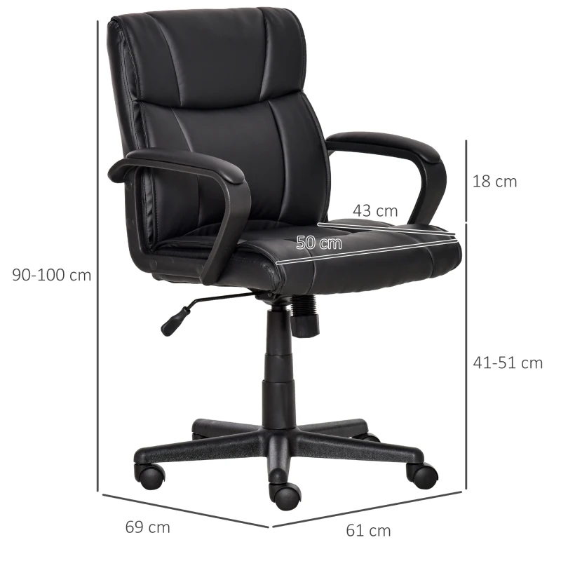 Vinsetto Silla de Oficina Ergonómica Silla de Escritorio Giratoria con Altura Ajustable Asiento Reposabrazos y Respaldo Acolchados de Piel Sintética 61x69x90-100 cm Negro