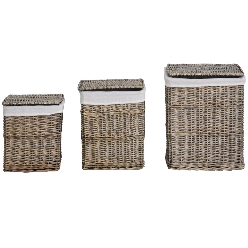 HOMCOM Set de 3 Cesto para Ropa Sucia Mimbre Canastas de Almacenamiento con Tapas y Forros Extraíbles Grueso Gris