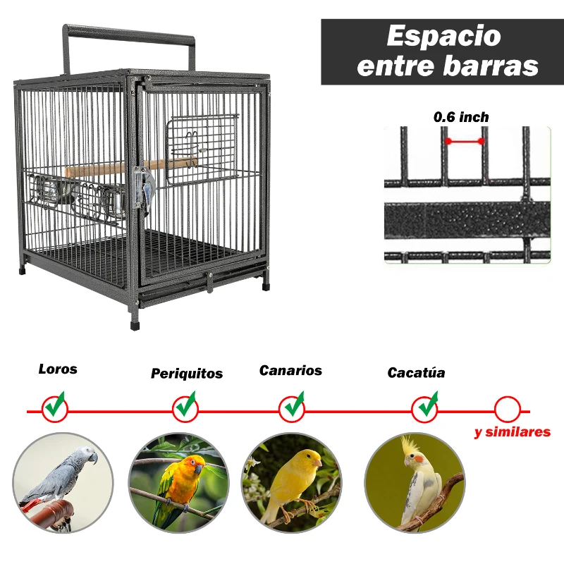 PawHut Jaula para Pájaros Portátil Jaula para Agapornis con 2 Perchas de Madera 2 Comederos de Acero Inoxidable y Bandeja Extraíble para Periquitos Canarios 45,7x35,5x45 cm Negro