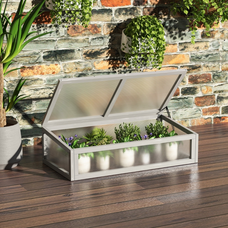 Outsunny Invernadero de Madera Natural y Policarbonato 90x46x28 cm con Tapa Inclinada Caseta de Plantas para Jardín Huerto Terraza Protección del Clima Gris