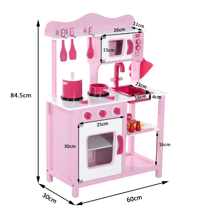 HOMCOM Cocina de Juguete para Niños Set Juego Cocinita Madera Infantil 3 Años Juego de Imitación 60x30x84.5cm Rosa
