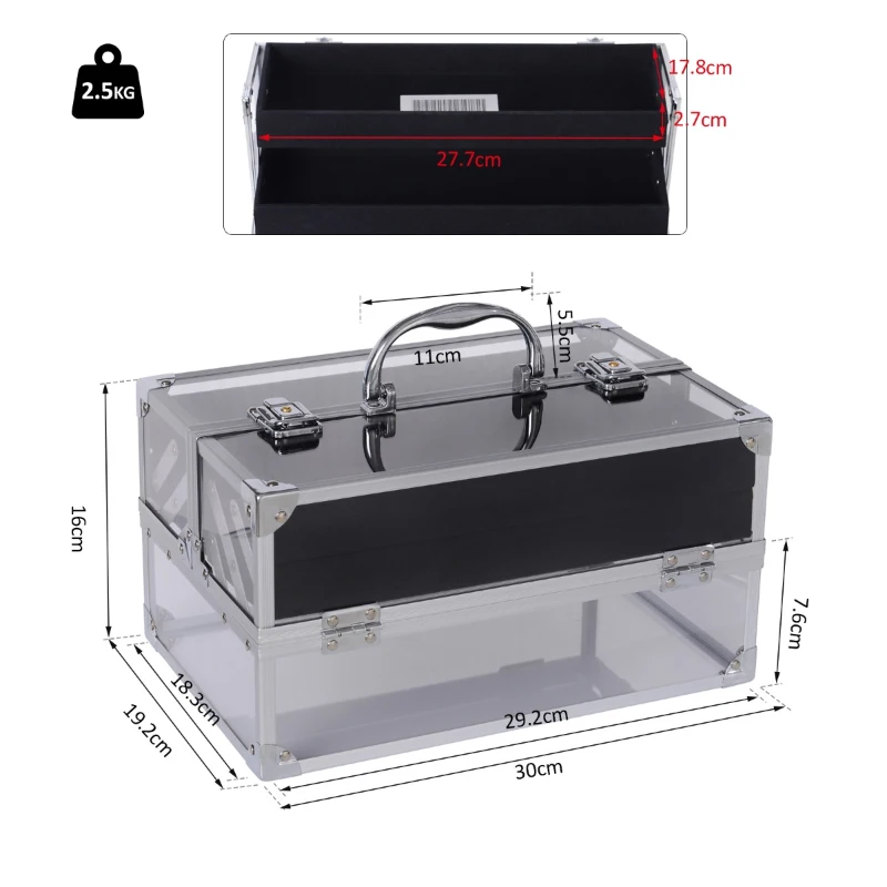 HOMCOM Estuche de Maquillaje Transparente Organizador Cosméticos Profesional Maletín para Maquillaje Caja de Belleza Portátil 3 Bandejas Extensible con Cerradura 30x19.2x16cm Acrílico