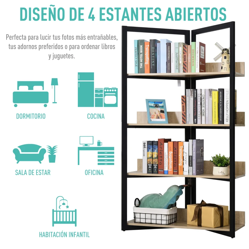 HOMCOM Estantería de 4 Niveles Librería de Diseño Moderno Gran Espacio de Almacenamiento Sistema Antivuelco 90x39x160 cm Color Roble Negro