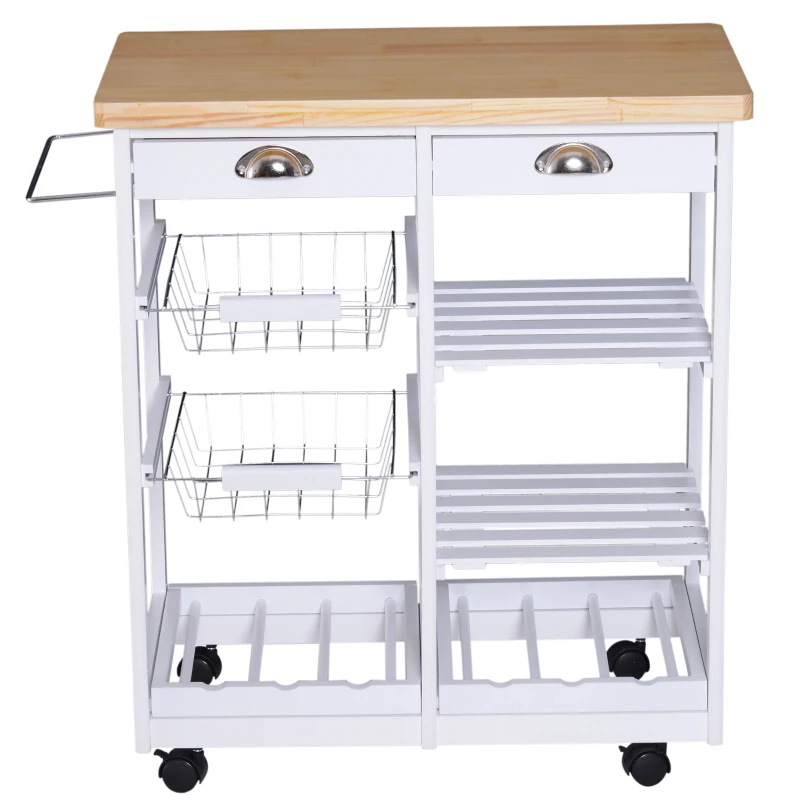 HOMCOM Carrito Auxiliar con Ruedas Carrito Verdulero Carro de Cocina con 2 Cajones 2 Cestas y 2 Estantes 74x37x76 cm Blanco
