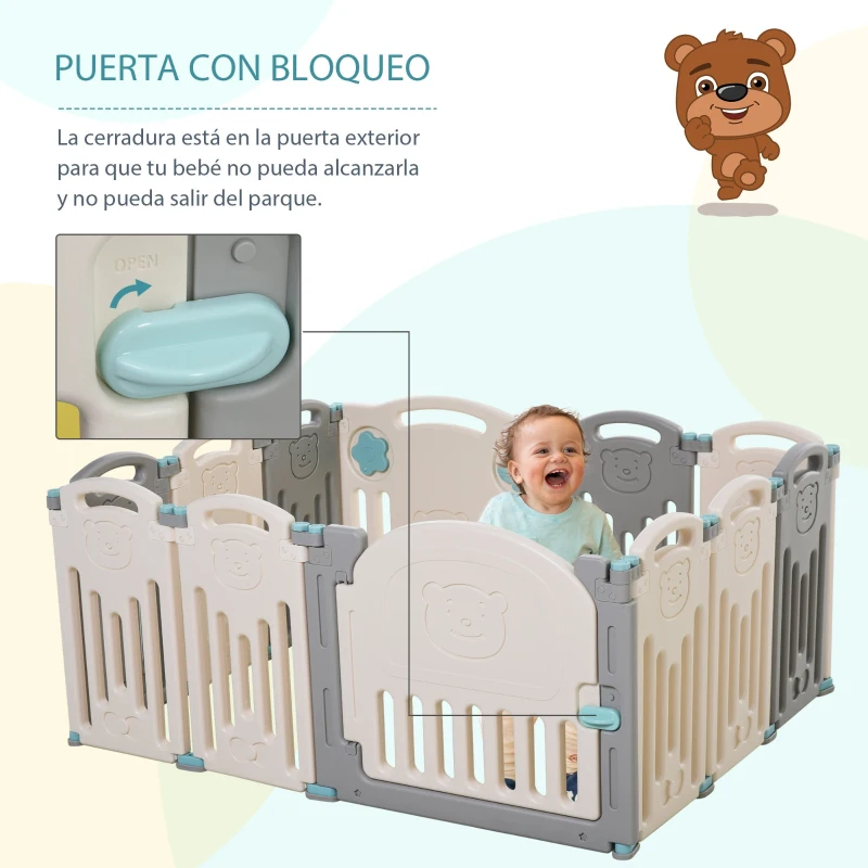 HOMCOM Parque Infantil Bebé con Puerta Corralito Plegable 12 Paneles para Niños de +6 Meses de Forma Flexible Interior y Exterior 108x133x58 cm Gris y Blanco