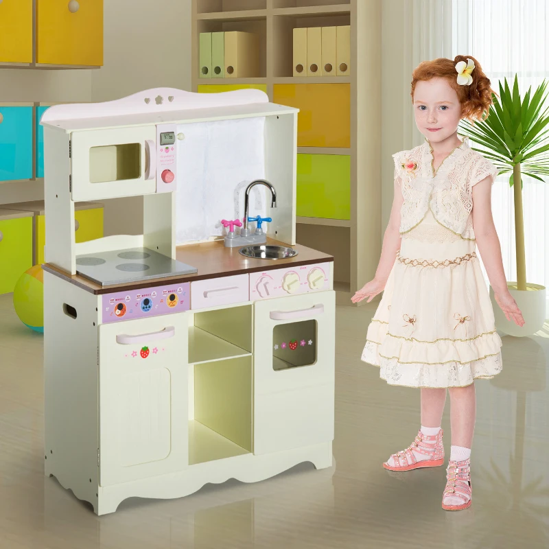 HOMCOM Cocina de Juguete de Madera Grande y de Lujo Juego de Imitación con Accesorios para Niños y Niñas 70x30x90cm Color Crema