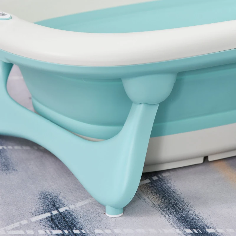 HOMCOM Bañera para Bebé Plegable 3 en 1 Juego de Ducha para 0-3 Años Portátil Bañera Lavabo Taza de Champú Ergonómico con Base Antideslizante 84,5x50,5x24 cm Turquesa