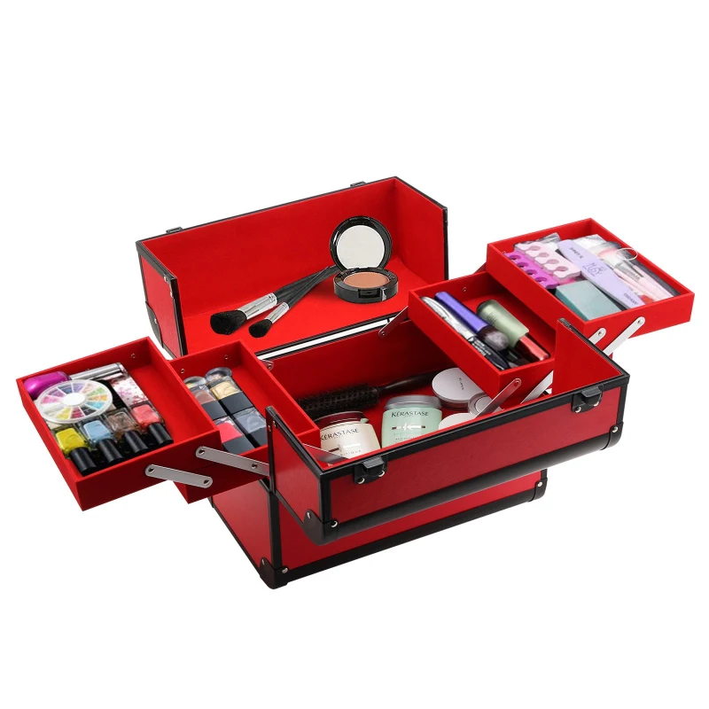 Maletín De Maquillaje Portátil para Cosméticos y Bisutería con Organizador de Tocador Con Bandeja Desplegable Asa y Cerradura Aleación de Aluminio 32x21x26 cm Rojo y Negro