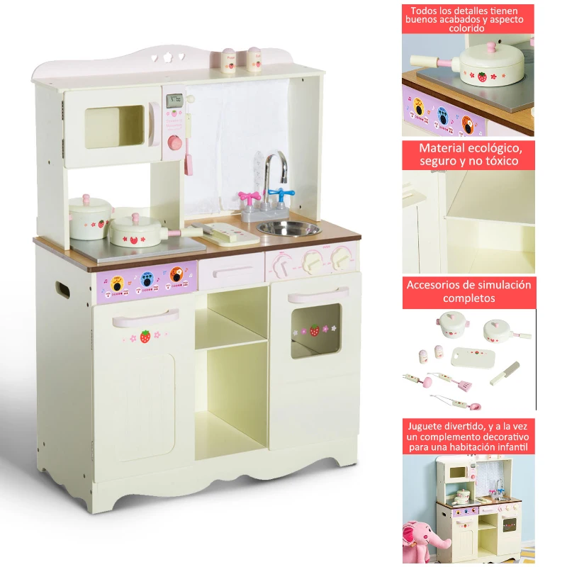 HOMCOM Cocina de Juguete de Madera Grande y de Lujo Juego de Imitación con Accesorios para Niños y Niñas 70x30x90cm Color Crema