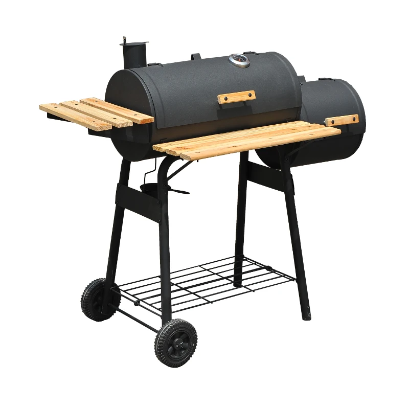 Outsunny Barbacoa BBQ Grill con Ruedas Negro Acero Madera 118x53x101cm