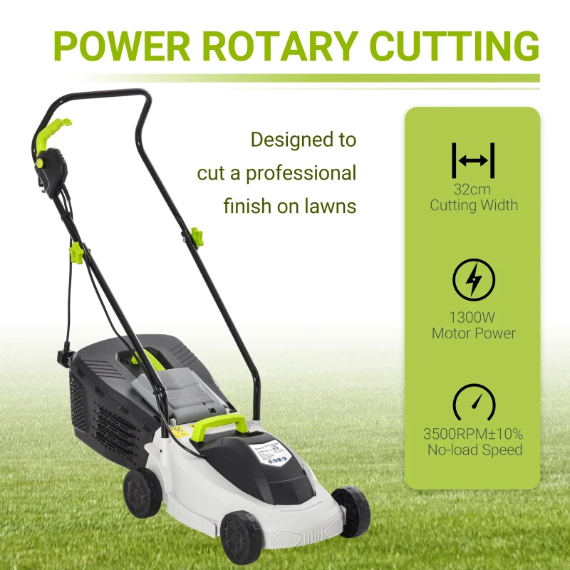Outsunny Electric Rotary Lawnmower w/ 32cm Cutting Width, 25L Grass Box, Height Adjust