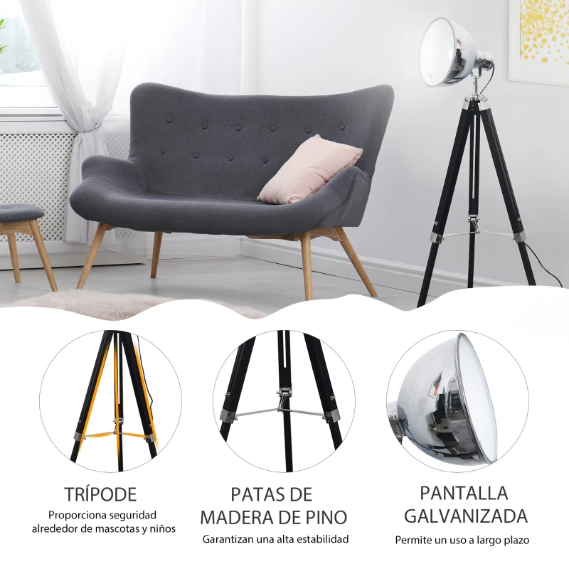 HOMCOM Lámpara de Pie Trípode Lámpara de Suelo Industrial y Retro con Altura Ajustable Interruptor de Pedal Pies Antideslizantes 65x65x100-140 cm Negro