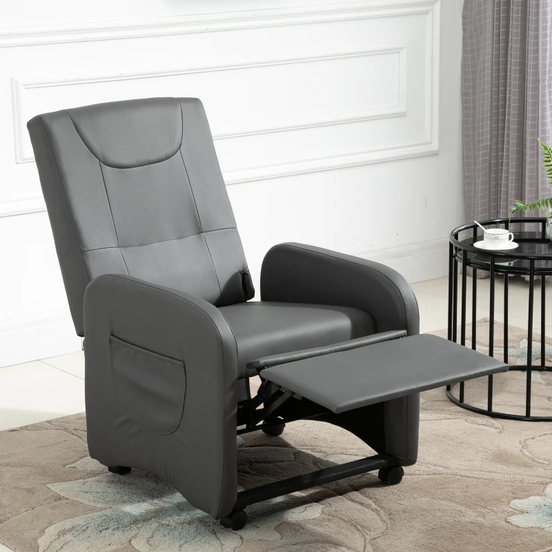 HOMCOM Sofá Individual Sillón de Relax Plegable Reclinable hasta 120°con Reposapiés Extensible con Ruedas 2 Bolsas para Hogar y Oficina Cuero de PU