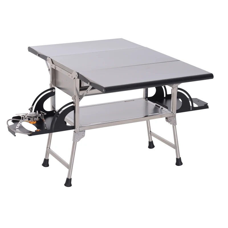 Outsunny 3 en 1 Cocina Portátil Multifuncional del Aire Libre Barbacoa de Carbón Quemador Gas Convertible en Mesa Plegable