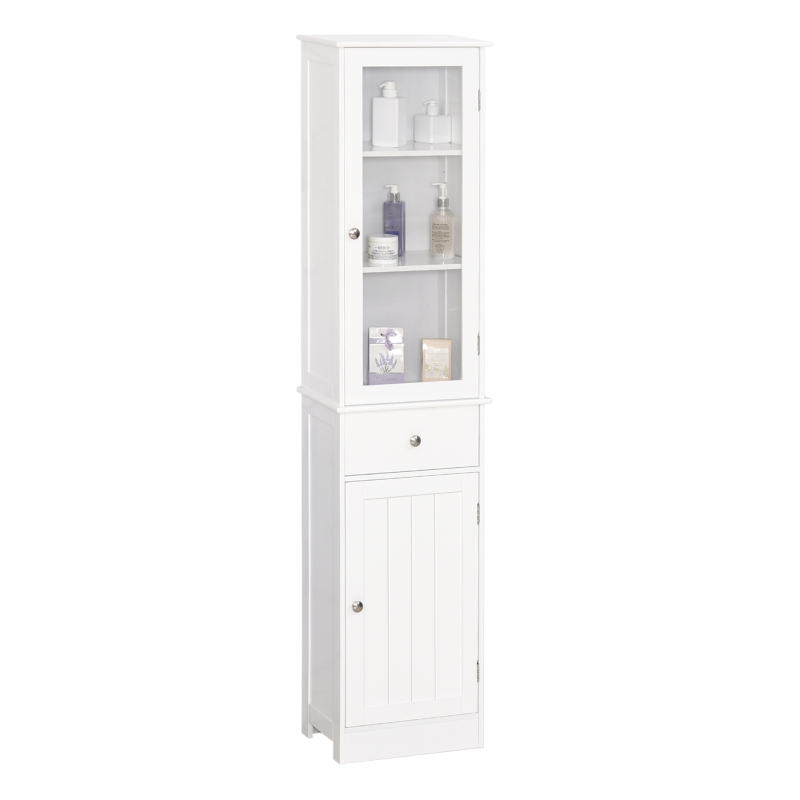 kleankin Armario Alto para Baño Mueble Auxiliar de Baño de Estilo Moderno con 2 Puertas Estantes Ajustables y 1 Cajón 40x27x171,5 cm Blanco