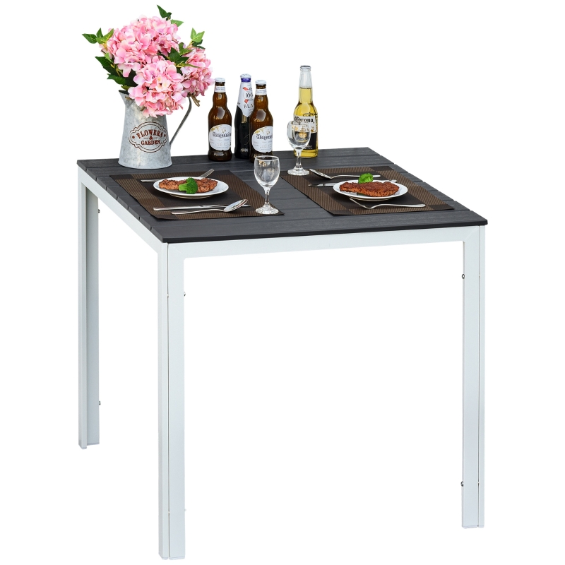 Outsunny Mesa de Jardín Cuadrada con Marco de Metal Mesa de Comedor para Exteriores Mesa Auxiliar Carga Máx. 50 kg 78x78x74 cm Blanco Gris Oscuro