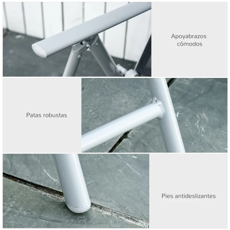 Outsunny Set de 2 Sillas de Comedor de Jardín Plegables de Aluminio con Respaldo Alto Ajustable de 8 Niveles y Reposabrazos Transpirable 65x55x107 cm Gris