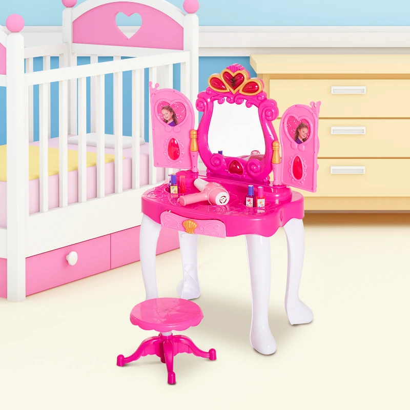HOMCOM Tocador Infantil Princesa Mesita de Maquillaje con Luz y Sonido Secador de Pelo Sensor de Apertura Puerta Accesorios Includios Cajón Extraíble 43.5x31.5x72.5cm