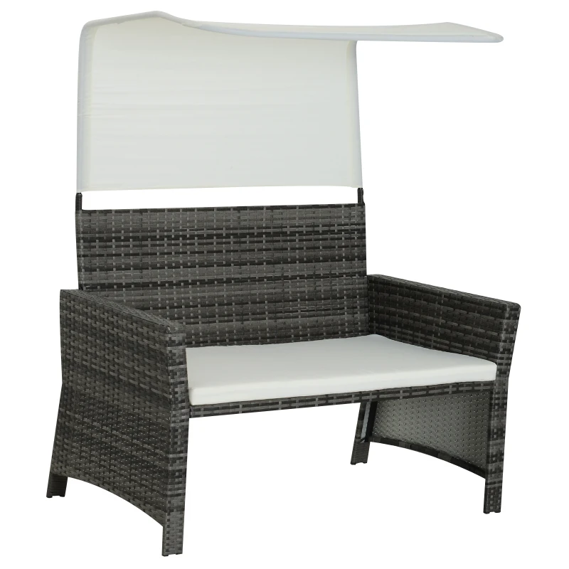 Sofá de Ratán Dos Plazas Sillón Mueble para Jardín Terraza con Reposapiés Extraíble Toldo Cojín Desmontable 126x75x150cm Gris