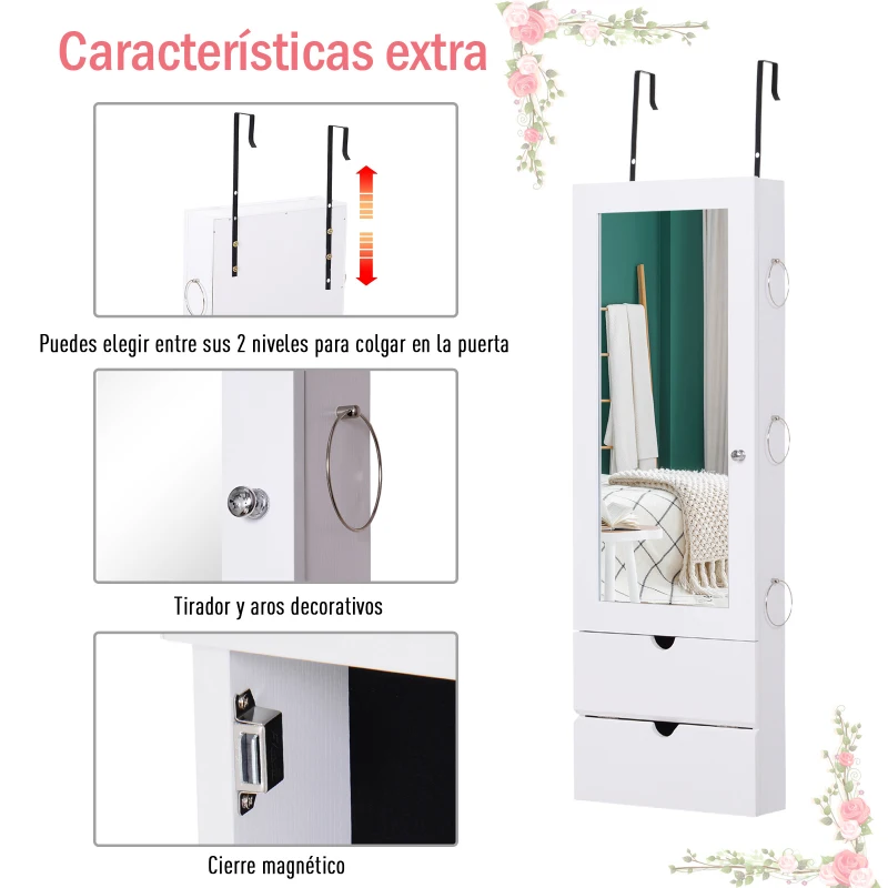 HOMCOM Espejo Joyero Colgante de Pared o Puerta Armario de Joyería con Altura Ajustable 2 Estantes Cerrados con Puertas Abatibles y Organizador de Joyas 35,5x9,5x102 cm Blanco