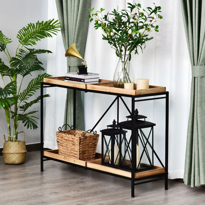 HOMCOM Consola Vintage Industrial Plegable Estantería de 2 Niveles Multiusos de Metal y Madera Carga 40kg 120x40x84cm