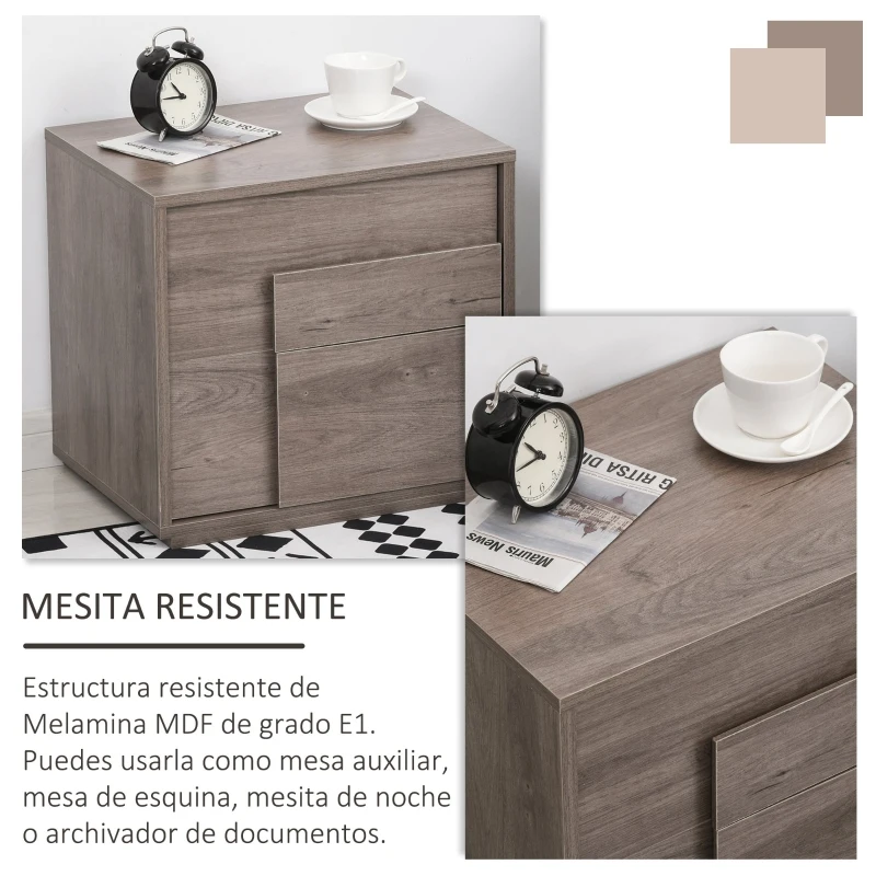 HOMCOM Mesita de Noche Mesa Auxiliar con 2 Cajones Mueble Mesilla Cajonera Moderna Multifuncional para Dormitorio 48x36x44,5 cm Roble