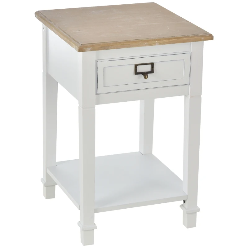 HOMCOM Mesita de Noche Mesa Auxiliar Multifuncional Diseño Retro Envejecido con Cajón y Estante Revestimiento Pintura 39,8x39,8x60,5cm