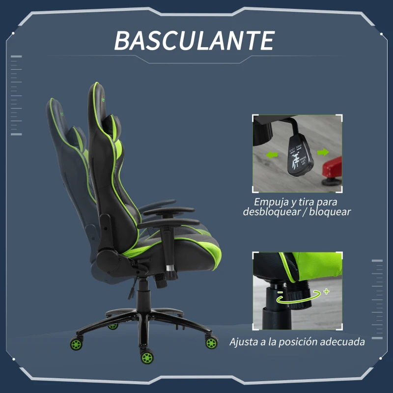 Vinsetto Silla Gaming Giratoria Silla Gamer Reclinable Tapizado en Cuero Sintético Altura Ajustable 73x71x128-136 cm Verde