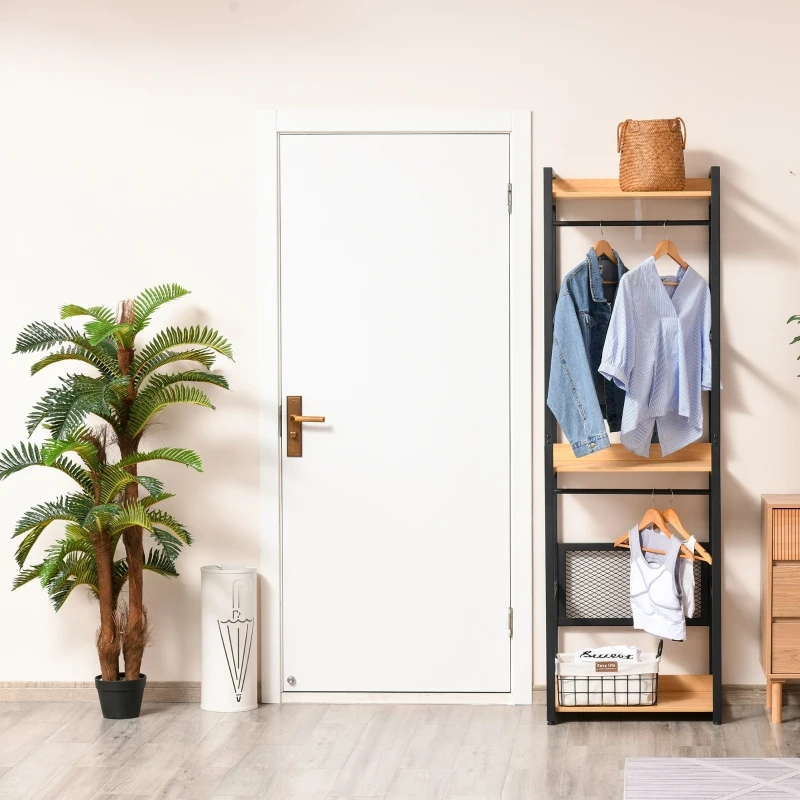 HOMCOM Perchero de Entrada 2 en 1 con 3 Estantes de Almacenaje y 2 Barras Colgar Ropa para Pasillo Dormitorio Sala de Estar 60x40x190 cm Negro Madera Natural