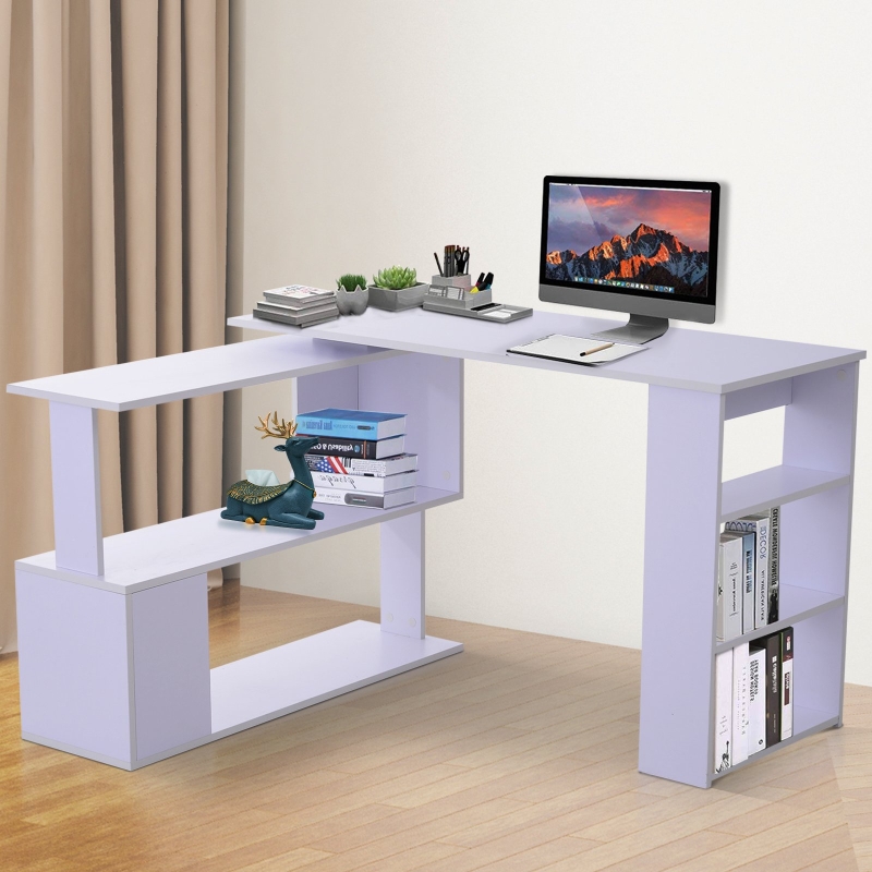 HOMCOM Mesa de Ordenador PC Escritorio de Oficina Mesa Esquinera Giratorio 360° Múltiformas para Hogar Escuela y Oficina 5 Estantes Librería Blanco